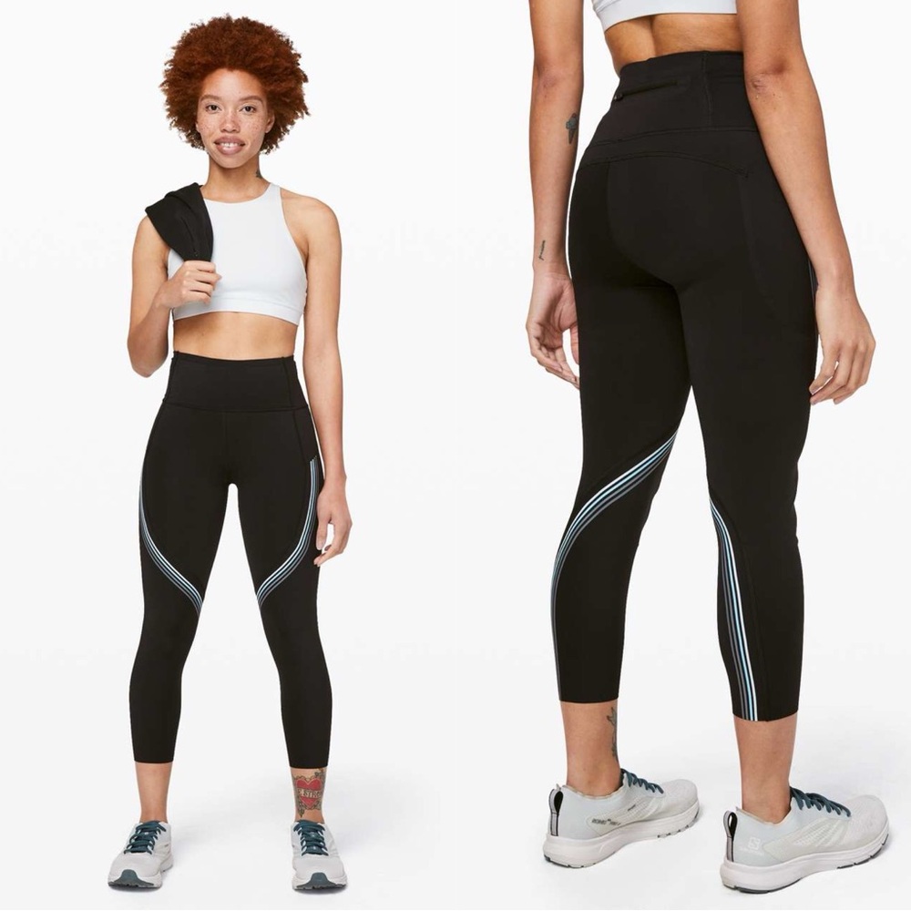 Lululemon Speed Limit Crop 23" Black Nulux Blue White Black Stripe W6AUTS Size 6